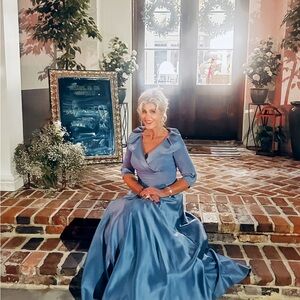 Jessica Howard Satin Long Sleeve Evening Gown in Blue